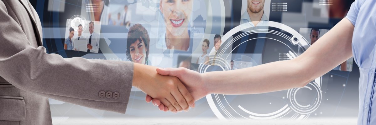 Business professionals shaking hands against profile picture interface in background Business professionals shaking hands against profile picture interface in background