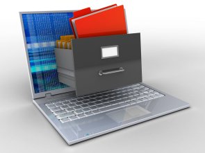 3d illustration of laptop over white background with digital screen and archive