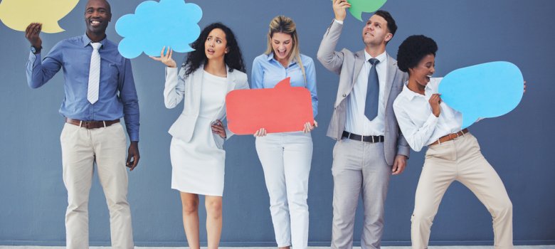 Speech bubble, group and happy business people holding comment, news and voice icon feeling excited together. Team opinion on social media with mockup space in studio blue background