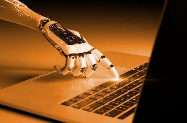 Robotic hand pressing a keyboard on a laptop 3D rendering