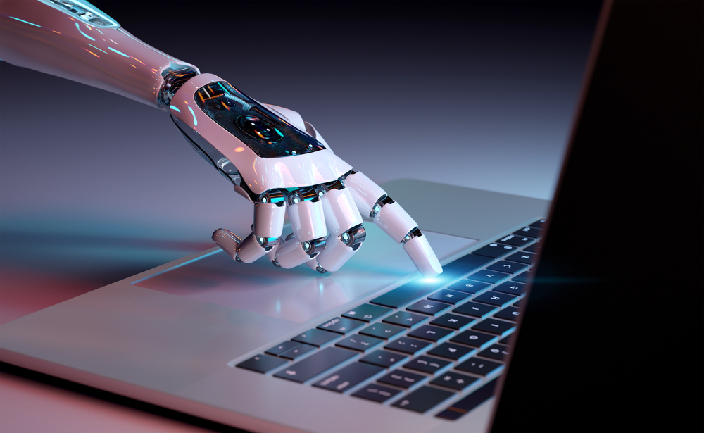 Robotic hand pressing a keyboard on a laptop 3D rendering