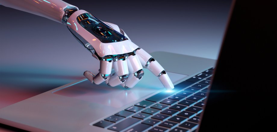 Robotic hand pressing a keyboard on a laptop 3D rendering Robotic hand pressing a keyboard on a laptop 3D rendering