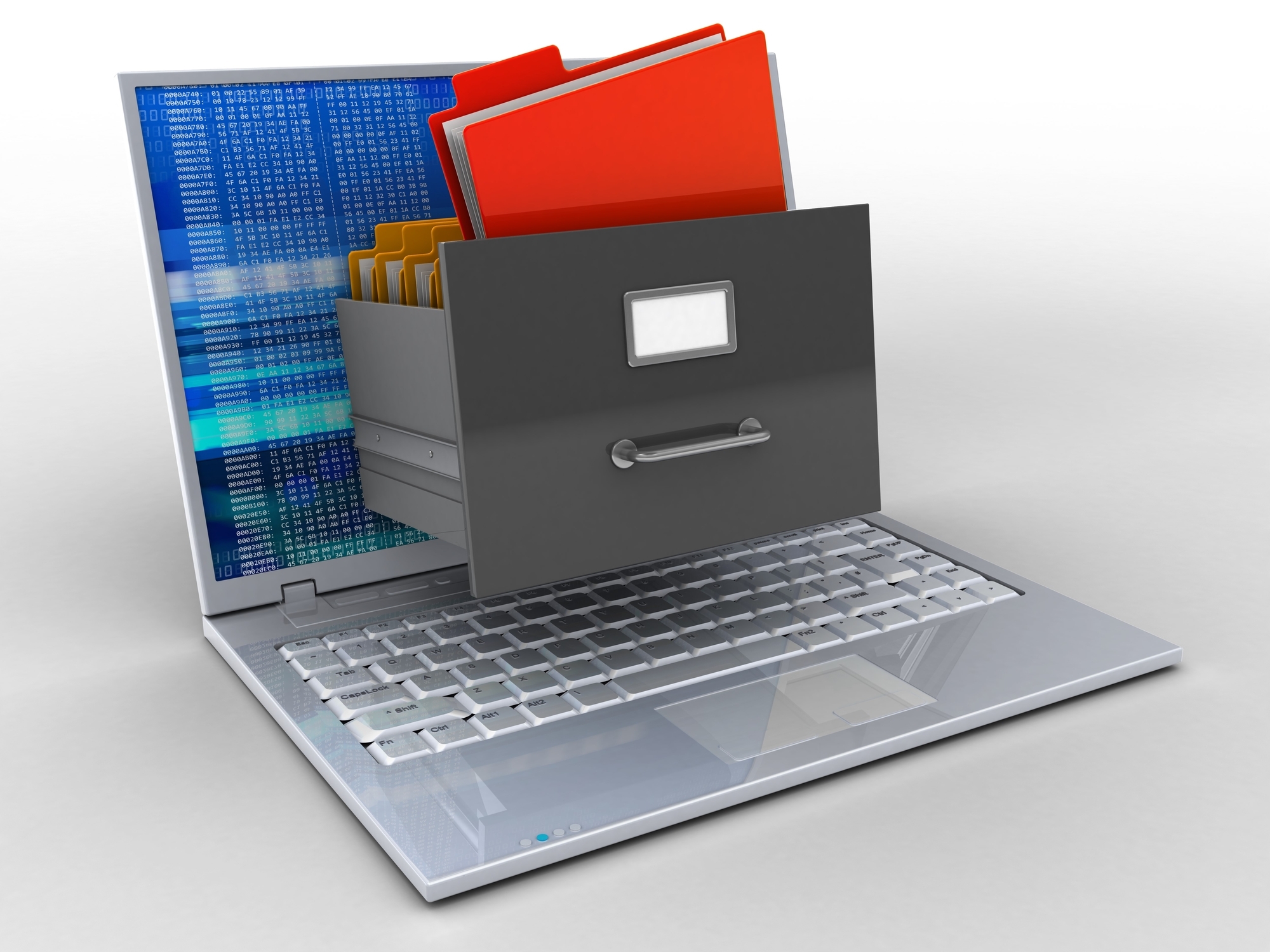 3d illustration of laptop over white background with digital screen and archive 3d illustration of laptop over white background with digital screen and archive