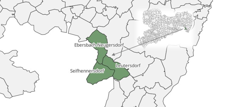 Zusehen ist ein Ausschnitt einer Landkarte von Sachsen mit allen Gemeindegrenzen. Die Gemeinden Ebersbach-Neugersdorf, Seifhennersdorf und Leutersdorf bilden einen Verbund und wurden gleich eingefärbt.