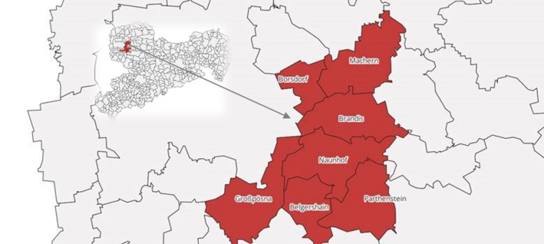 Zusehen ist ein Ausschnitt einer Landkarte von Sachsen mit allen Gemeindegrenzen. Die Kommunen Brandis, Borsdorf, Belgershain, Großpösna, Machern, Naunhof, Parthenstein bilden einen Verbund und wurden gleich eingefärbt.