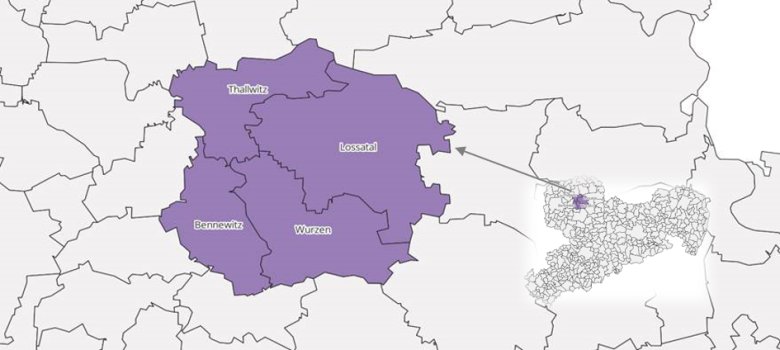 Zusehen ist ein Ausschnitt einer Landkarte von Sachsen mit allen Gemeindegrenzen. Die Kommunen Wurzen, Bennewitz, Thallwitz und Lossatal bilden einen Verbund und wurden gleich eingefärbt.