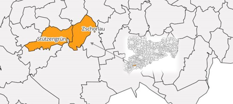 Zusehen ist ein Ausschnitt einer Landkarte von Sachsen mit allen Gemeindegrenzen. Die nebeneinander liegenden Kommunen Zschorlau und Stützengrün besitzen eine gleiche Einfärbung.